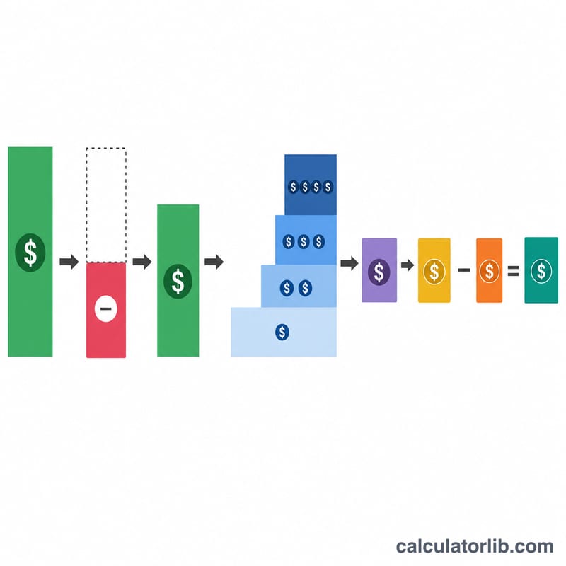 Flow from income through deduction and tax brackets to tax owed, then withholding minus tax owed equals refund