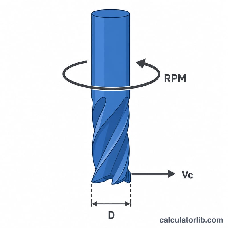 Sơ đồ thể hiện đường kính dao D, số vòng quay RPM và tốc độ cắt Vc trên một dao phay đang quay