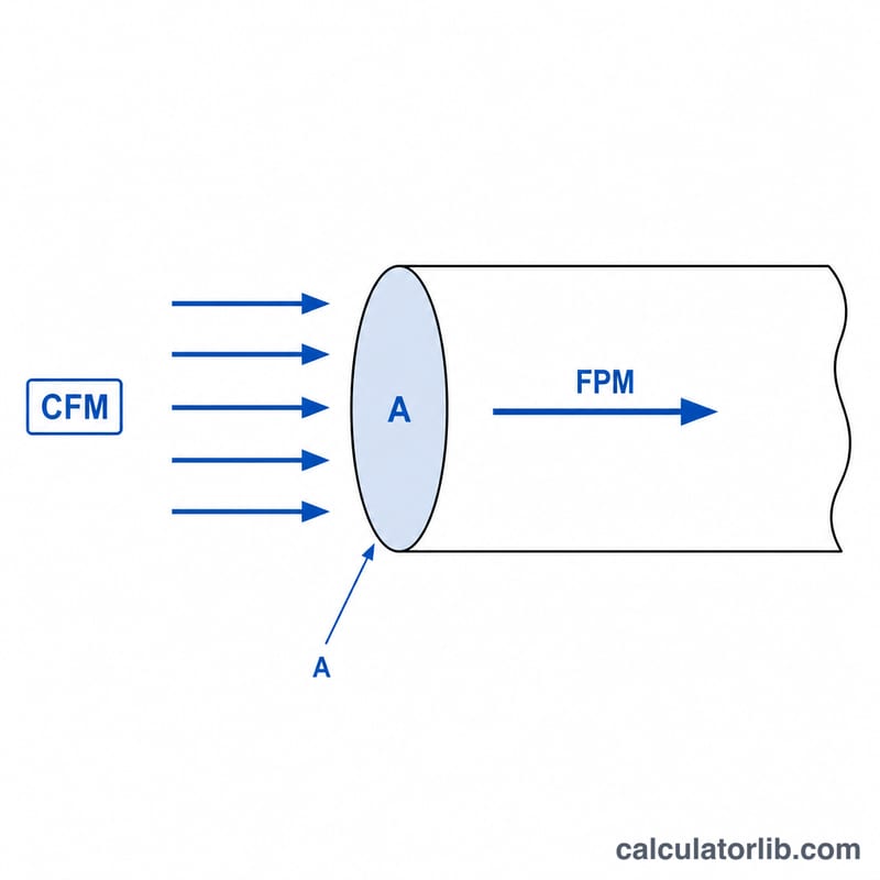 Diagram of air flowing through a duct showing airflow, velocity, and cross-sectional area