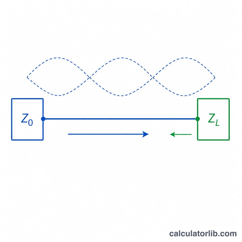 Transmission line with incident and reflected waves at an impedance mismatch causing a standing wave