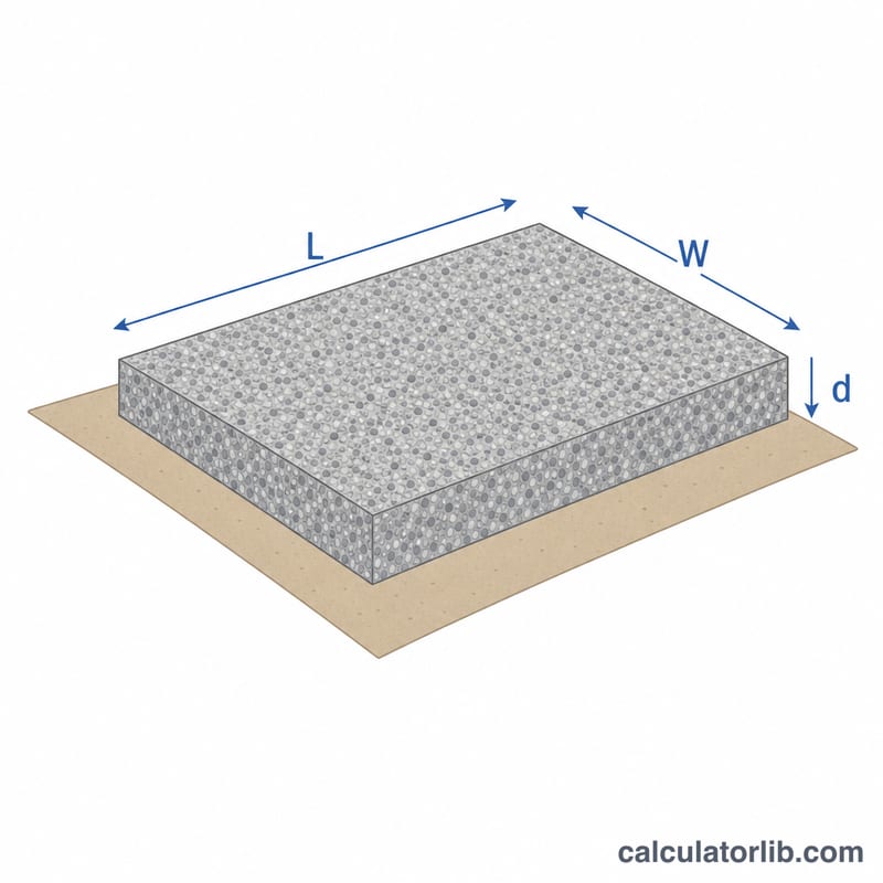Diagram of a rectangular gravel area showing length, width, and depth dimensions