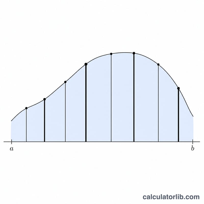 Curve with shaded area approximated by weighted samples at unevenly spaced nodes