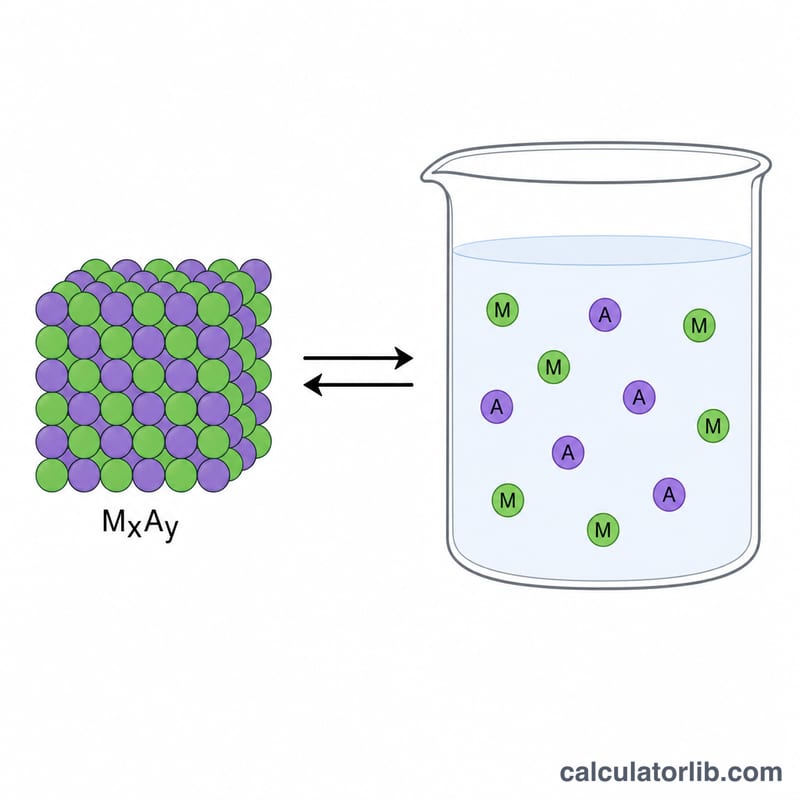 Sparingly soluble salt MxAy dissolving into M cations and A anions at equilibrium