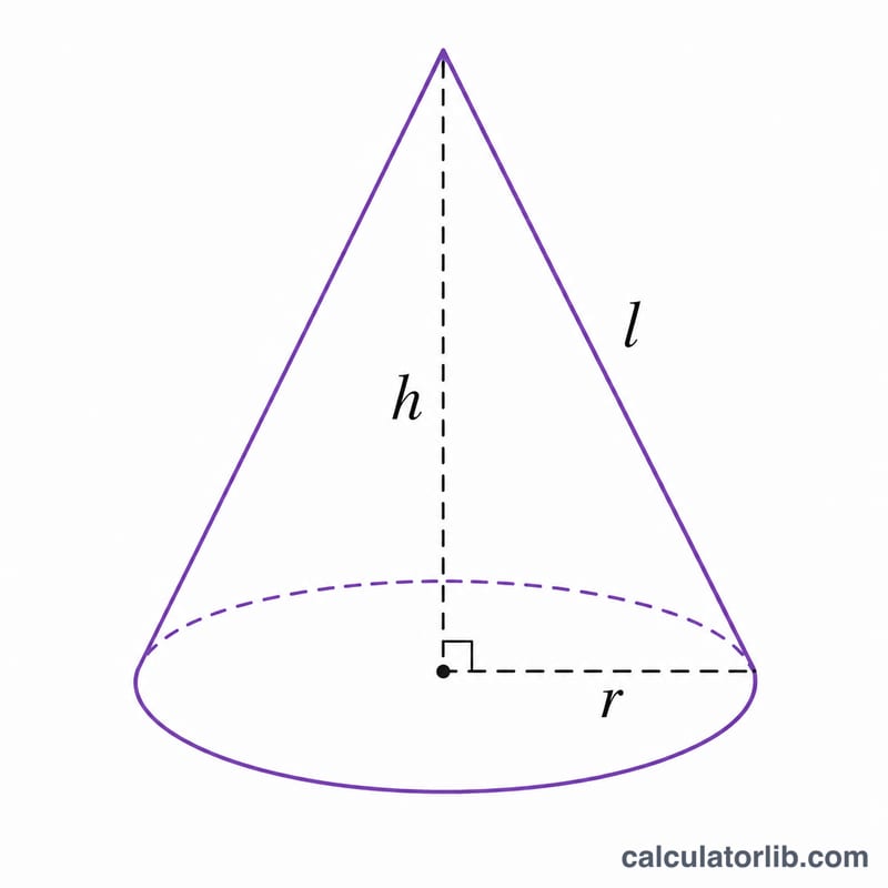 Cône circulaire droit montrant le rayon r, la hauteur h et l'apothème l