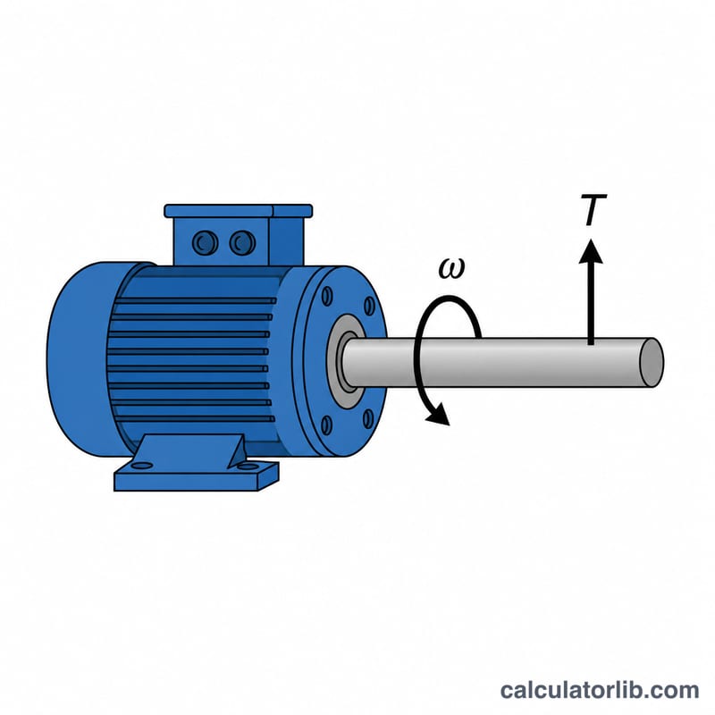 Motor shaft rotating with torque arrow and angular speed, plus power-torque-speed relationship