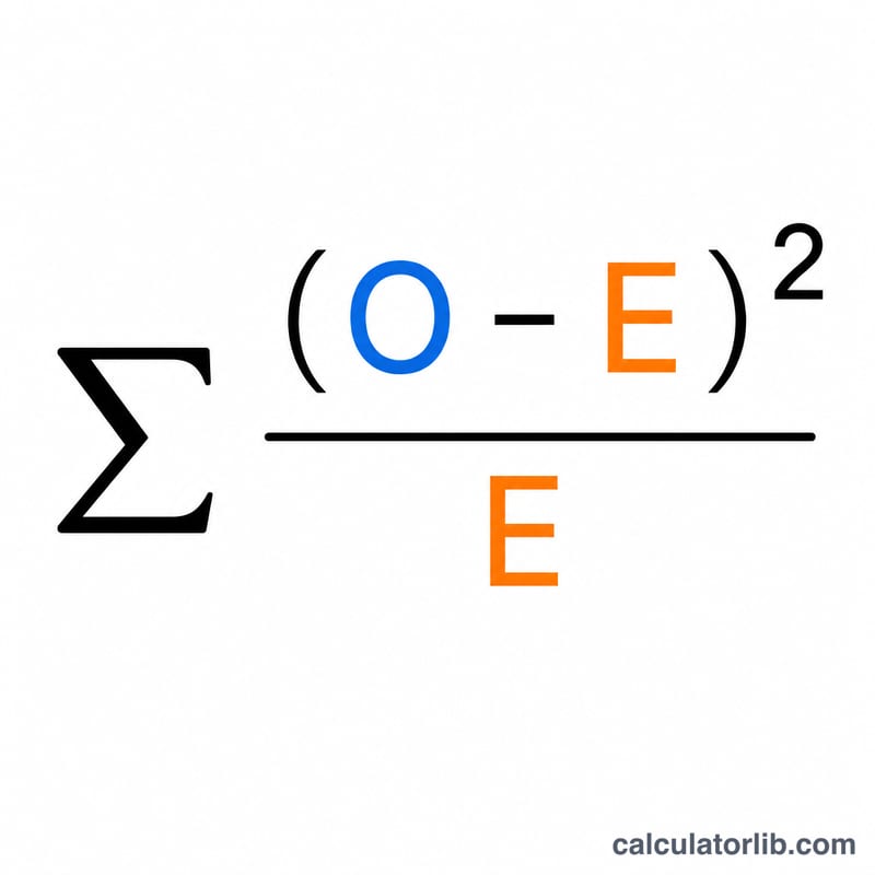 Diagram showing the chi-square formula broken into observed minus expected, squared, divided by expected, then summed