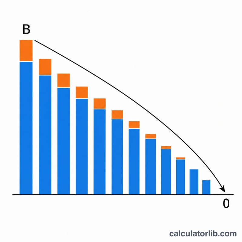 Bar declining to zero over months while a shaded interest portion shrinks