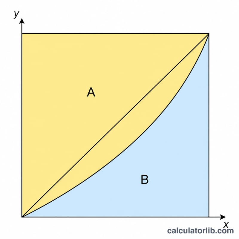 Lorenz curve diagram with a diagonal line of equality and a bowed curve, showing the Gini area between them