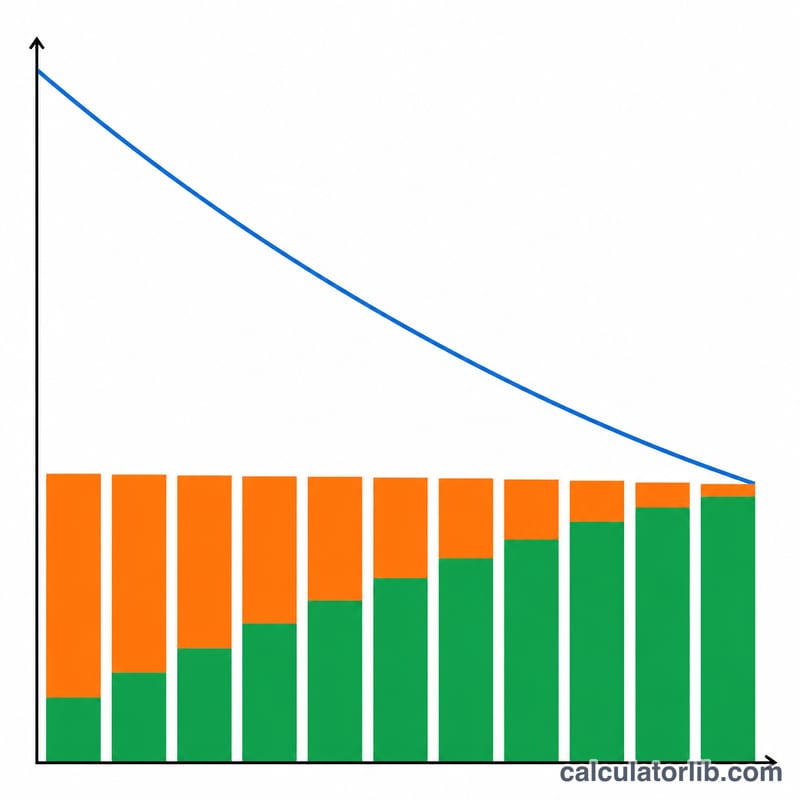 Declining loan balance curve over time split into principal and interest portions of each payment