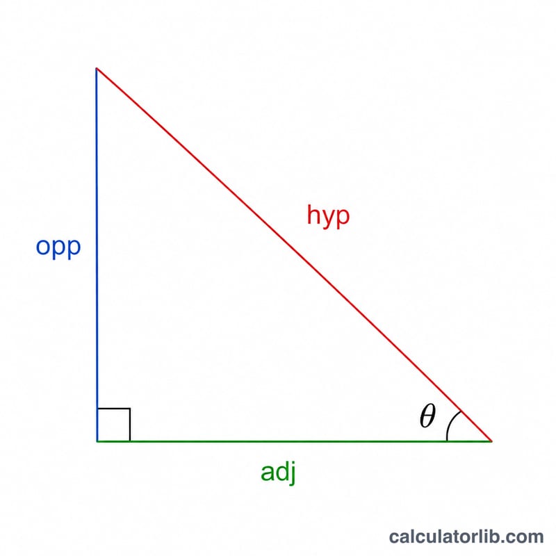 Triangle rectangle avec l’angle thêta montrant les côtés opposé, adjacent et l’hypoténuse