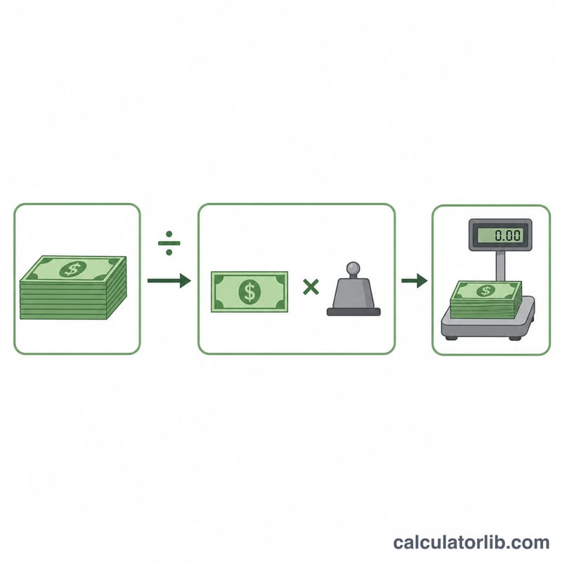 Toplam tutarın banknot değerine bölünüp banknot başına ağırlıkla çarpılınca toplam ağırlığı verdiğini gösteren şema