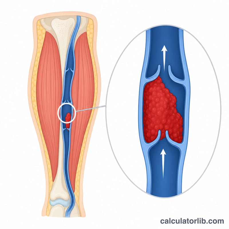 Cross-section of a leg vein with a blood clot blocking blood flow