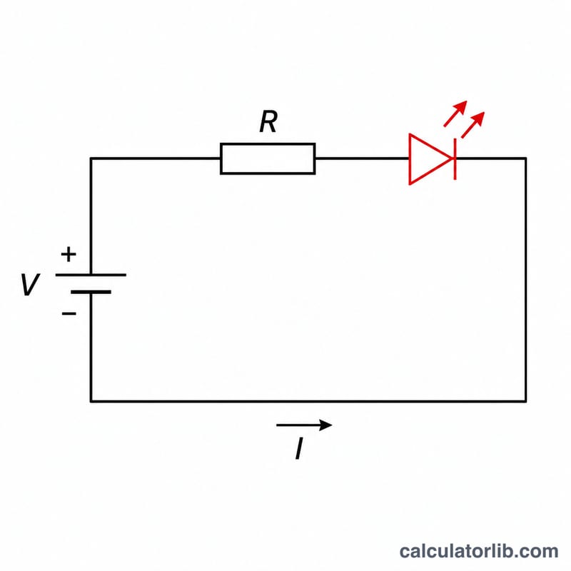 Circuit diagram of a battery connected to a resistor in series with an LED