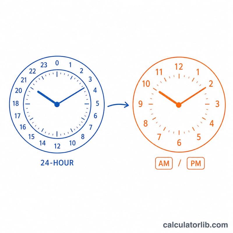 24-hour clock face converting to a 12-hour clock face with an arrow