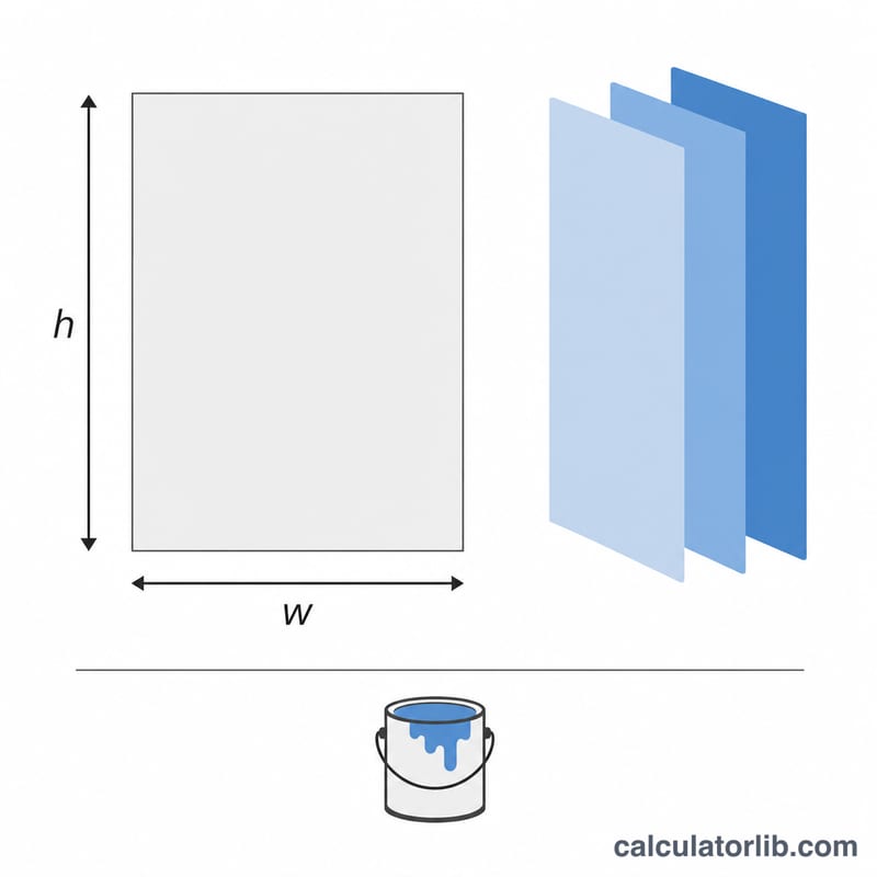 Diagram of a rectangular wall with width and height dimensions, multiplied by stacked coat layers divided by coverage to get paint amount