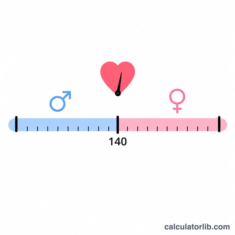 Heart symbol with a needle pointing to a 140 beats per minute threshold splitting boy and girl zones