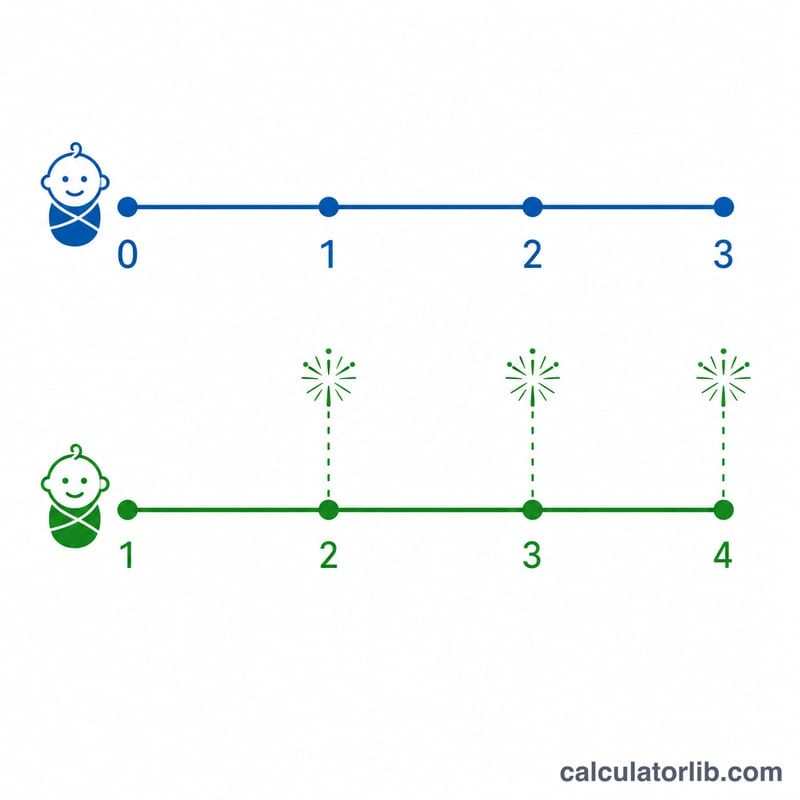 誕生時からの西洋式の満年齢と日本式の数え年を比較する年表