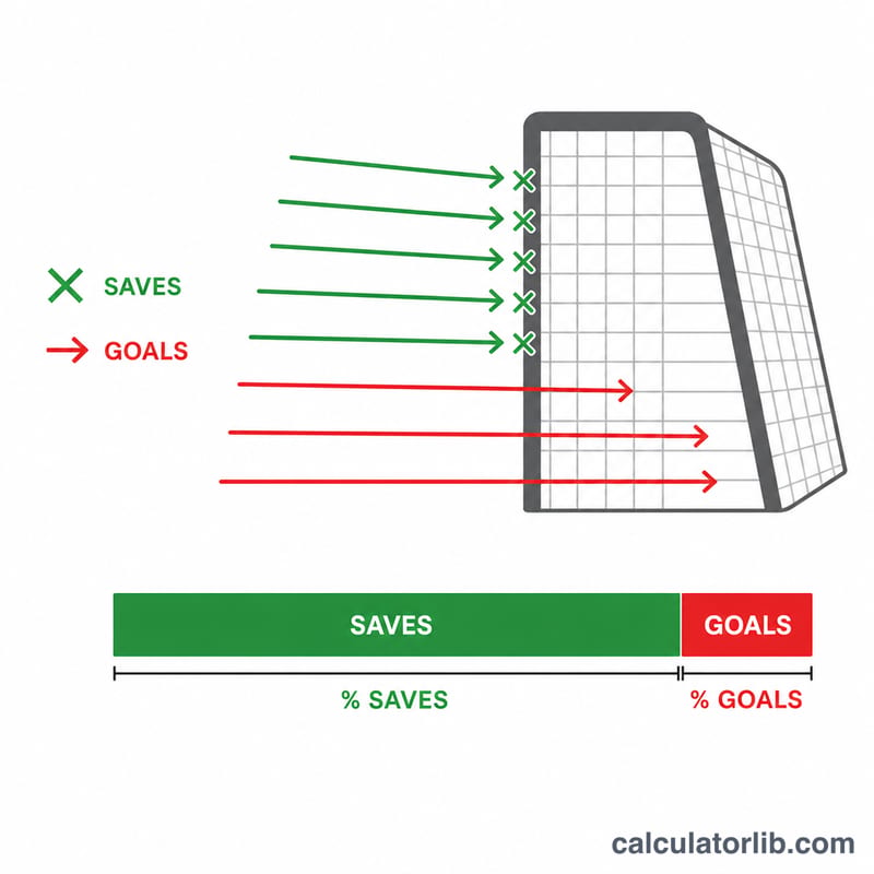 Diagram showing shots on goal split into saves and goals, forming the save percentage ratio