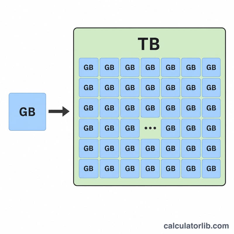 Diagram showing many gigabyte blocks combining into one terabyte block