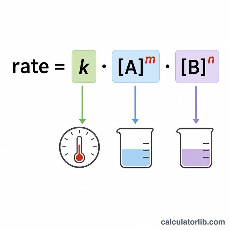 Diagram labeling the parts of the rate law: rate constant, concentrations, and reaction order exponents