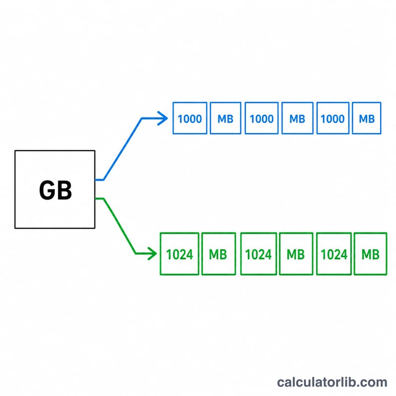 Diagram showing 1 GB splitting into 1000 MB in decimal standard versus 1024 MB in binary standard