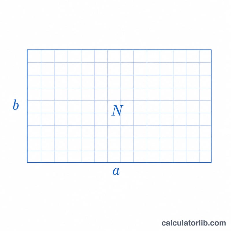 Rectangle made of a grid of unit squares with dimensions a by b, showing area equals N