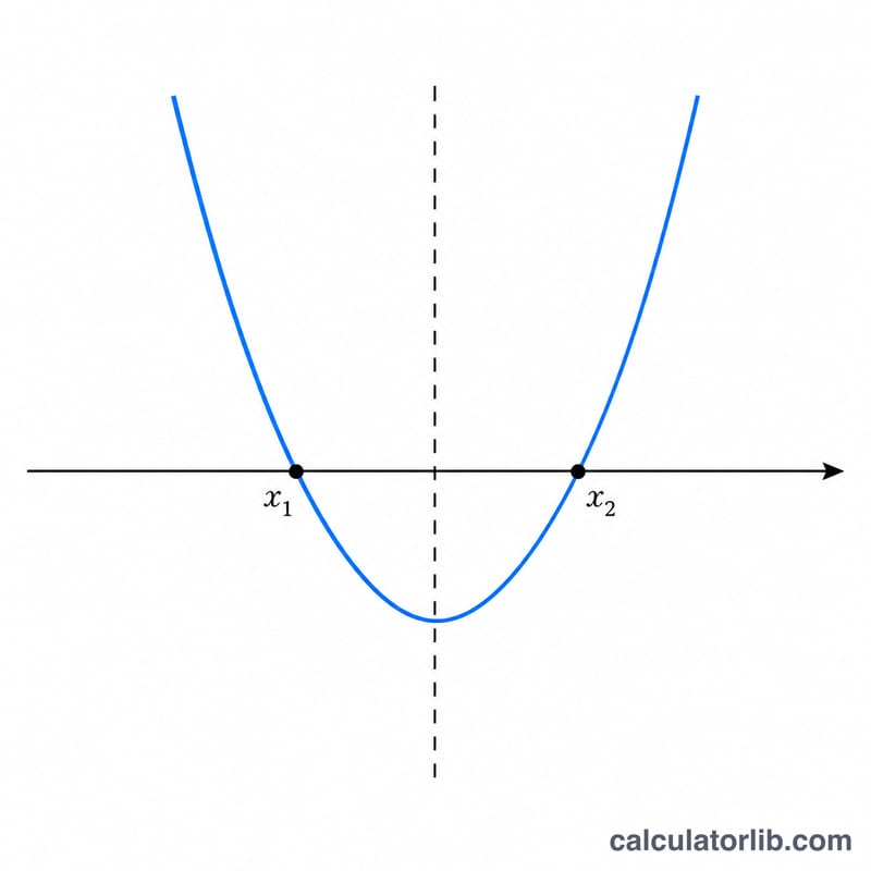 Upward parabola crossing the x-axis at two points labeled x1 and x2