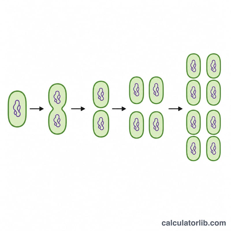 Bacterial cell dividing in stages from one cell to two, two to four, four to eight