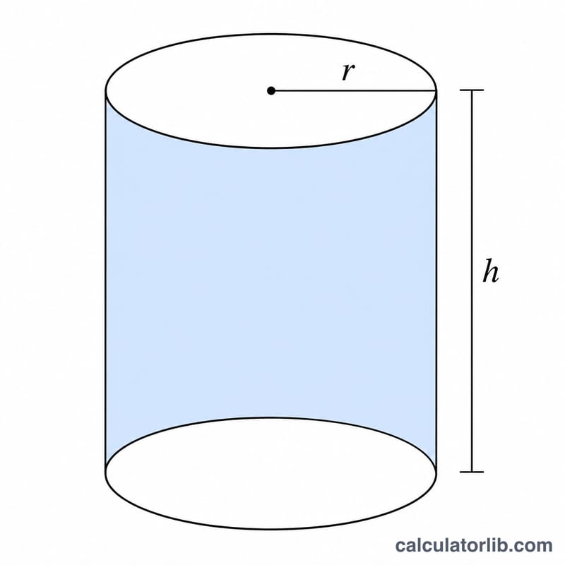 Open cylinder showing curved lateral surface with radius and height labeled