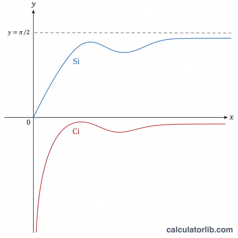 Courbes du sinus intégral Si(x) et du cosinus intégral Ci(x) en fonction de x
