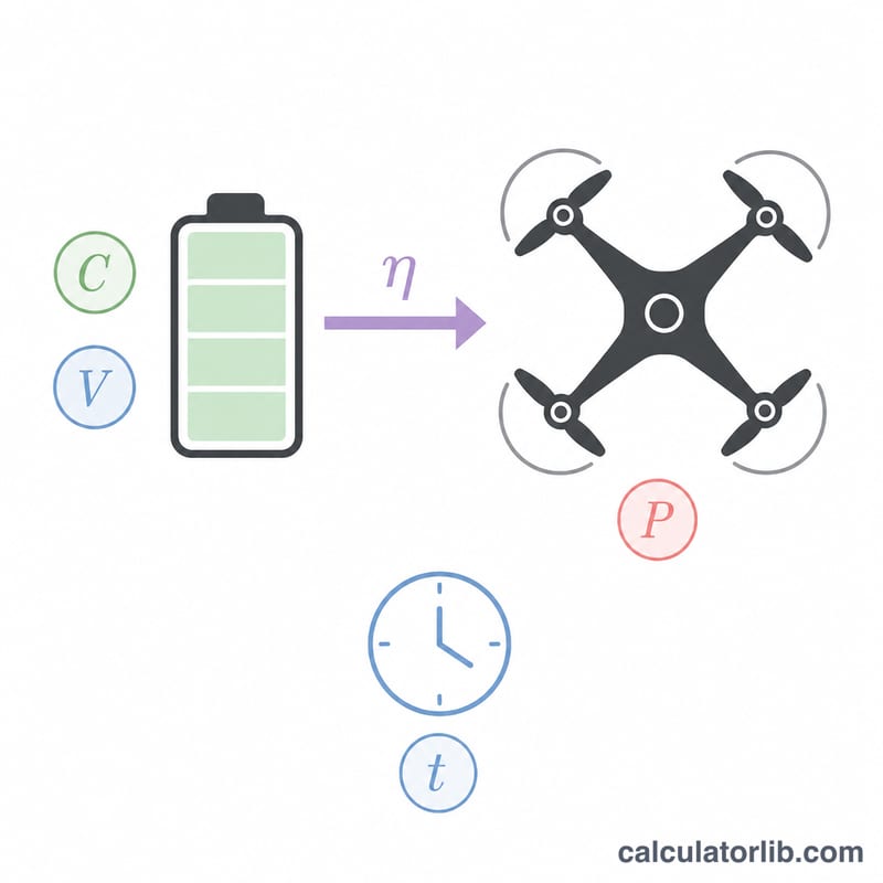 Diagram of battery capacity, voltage, efficiency and power feeding a drone to determine flight time