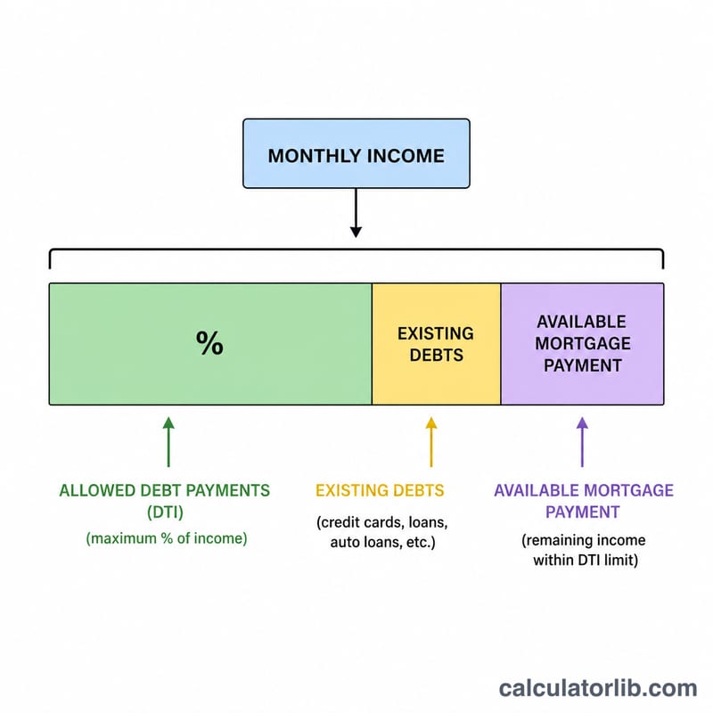 Diagram showing income divided by DTI ratio into debts and available mortgage payment