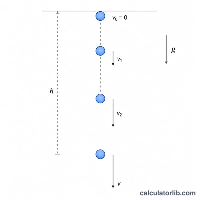 Diagrama de una pelota soltada desde el reposo que cae con espaciado creciente, mostrando la gravedad g, la altura de caída h y la velocidad v
