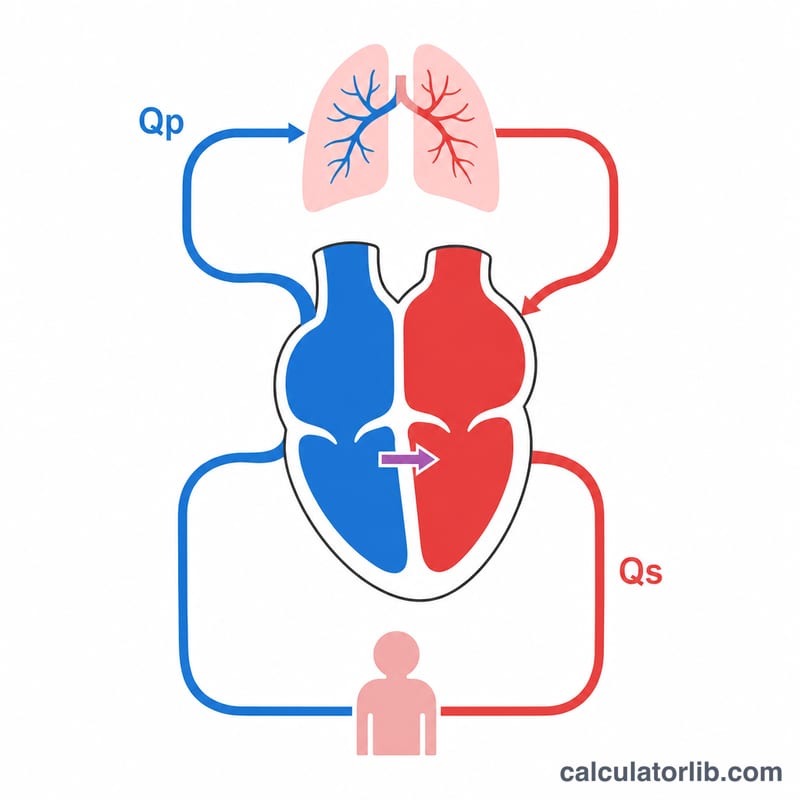 Heart with left-to-right shunt showing pulmonary flow Qp and systemic flow Qs