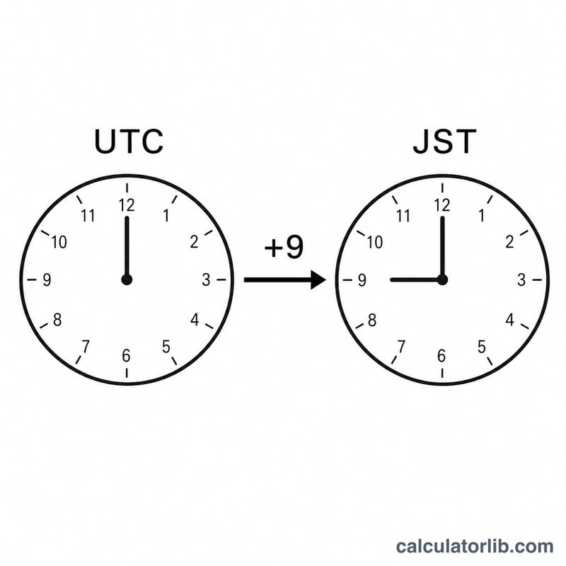 Two clocks showing UTC and JST nine hours apart