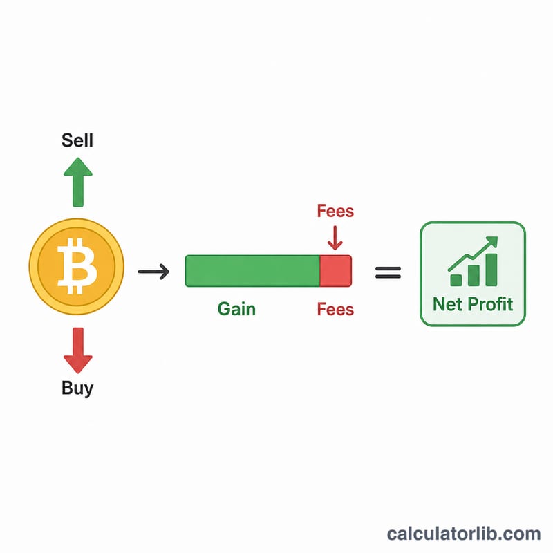 Diagram showing buy price, sell price, quantity and fees combining into net crypto profit