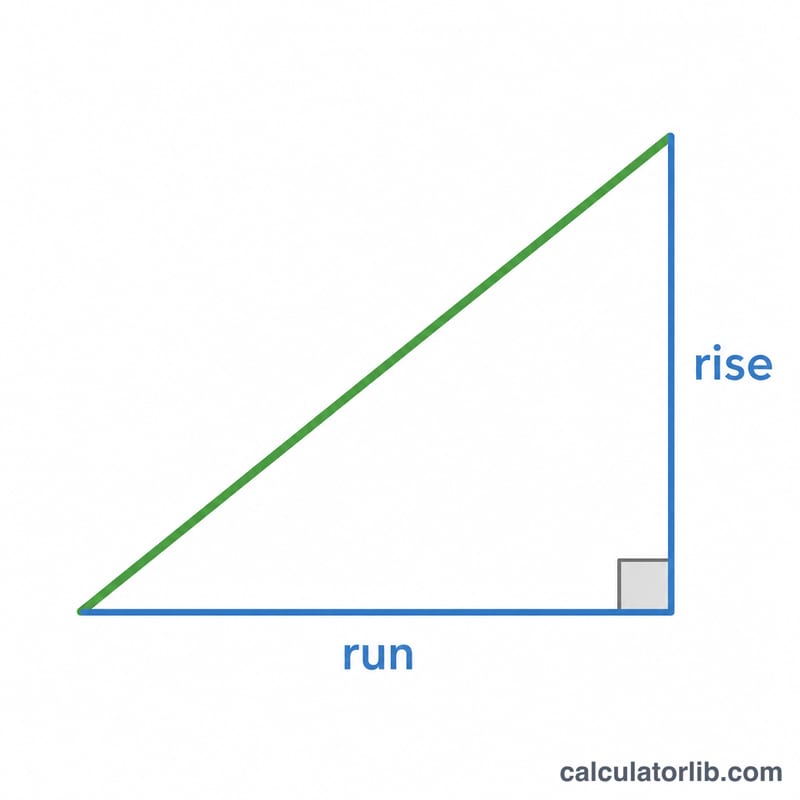 Right triangle showing roof rise, run, and sloped surface