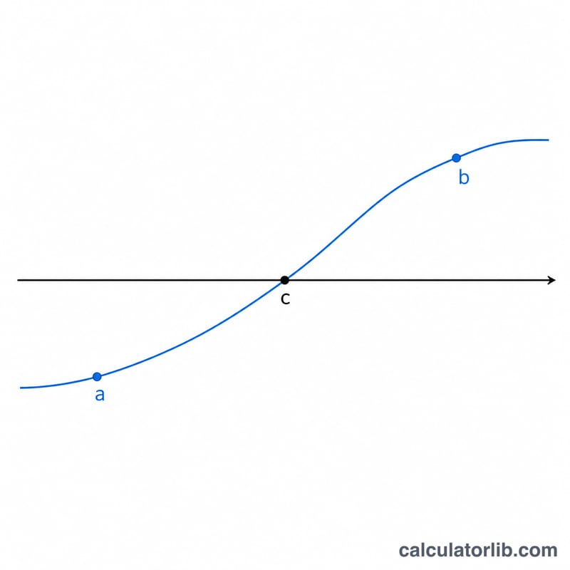 Continuous curve crossing the x-axis between points a and b, with the midpoint shown