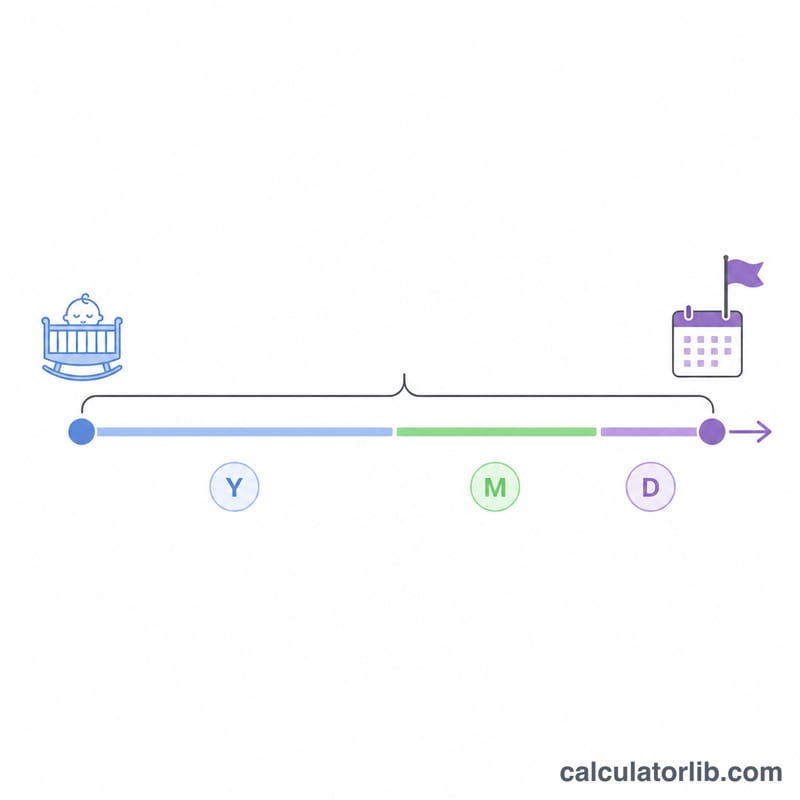 خط زمني يوضّح المدة بين تاريخ الميلاد والتاريخ المستهدف مقسّمة إلى سنوات وأشهر وأيام