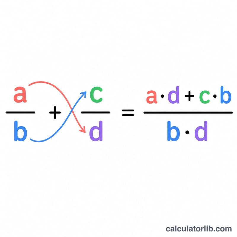 Diagram showing two fractions combined over a common denominator