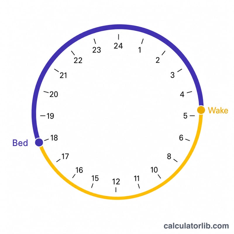 Clock circle showing bedtime and wake time with overnight arc and a small awake gap