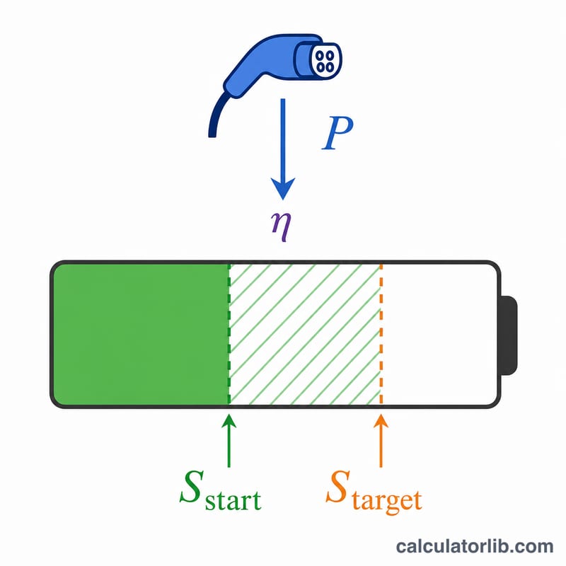 Diagram of EV battery showing start and target charge levels, charger power and efficiency feeding the charging time formula