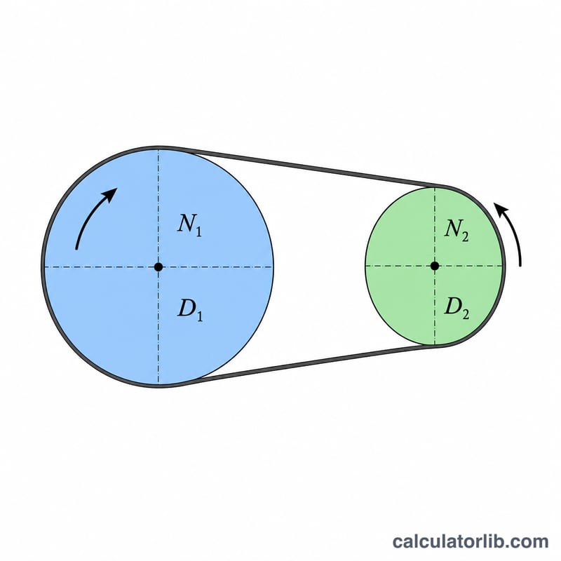 Belt drive with large driver pulley D1 and small driven pulley D2 connected by a belt