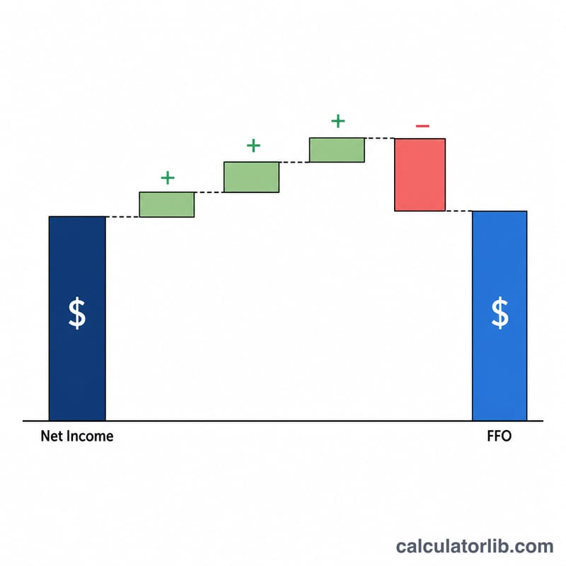 Waterfall diagram adding depreciation, amortization and losses to net income then subtracting gains to reach FFO