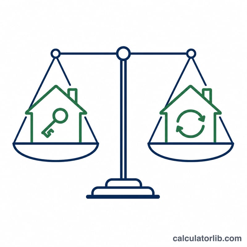 Dos íconos de casa en una balanza comparando alquilar y comprar