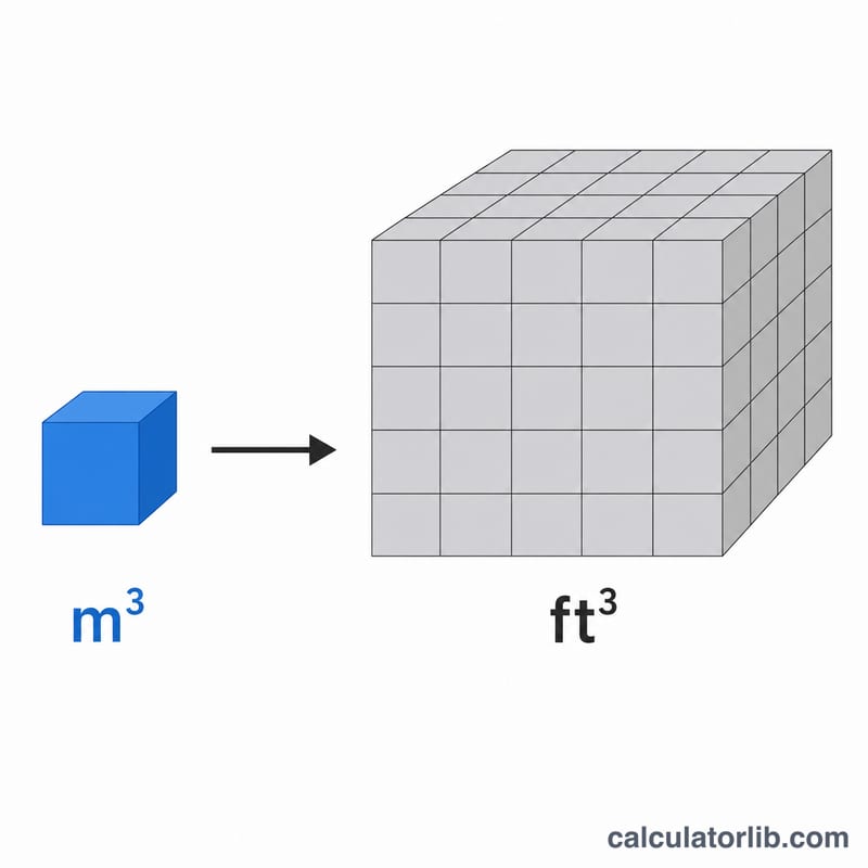 One cubic meter cube equals about 35 cubic feet cubes