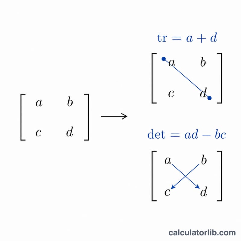 Matrice 2x2 avec la diagonale mise en évidence pour la trace et les diagonales croisées pour le déterminant