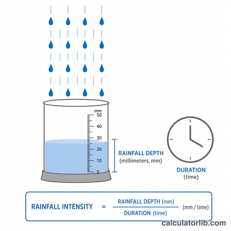Rain falling into a measured container with a depth ruler and a clock