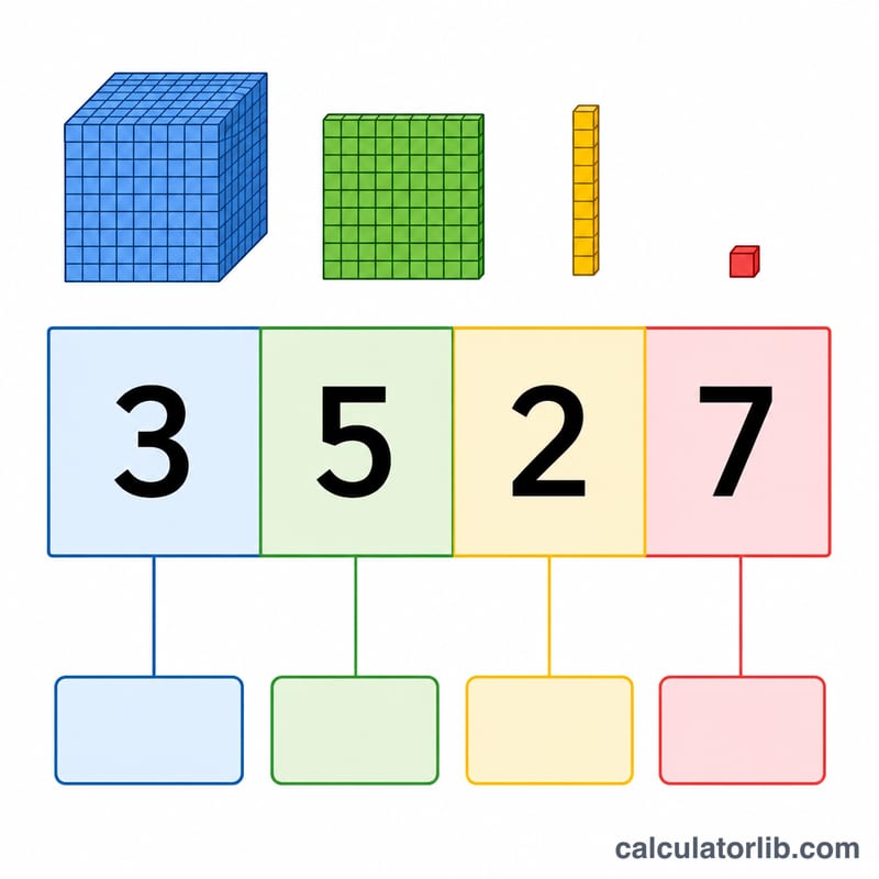 Four-digit number split into place value columns from thousands to ones