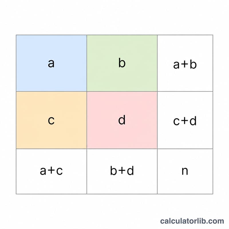 2x2 contingency table with cells labeled a, b, c, d and row, column, and grand totals